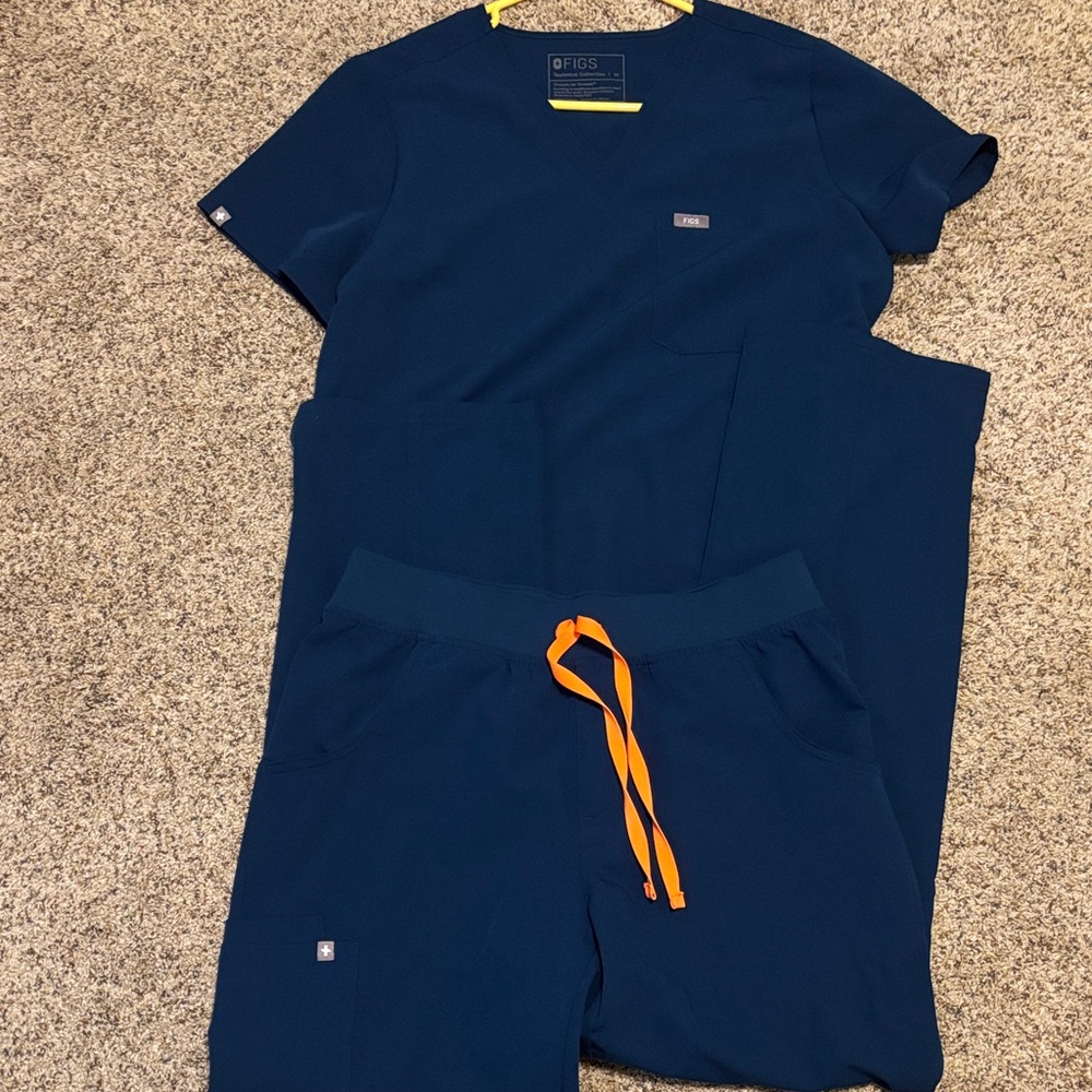 Figs Deep Blue Scrub Set with Bright Orange Accent